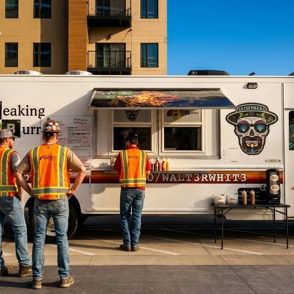 Three construction workers ordering from the "Breaking Burrito" food truck with a building in the background.